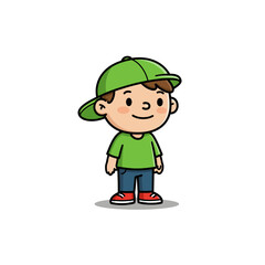 Cartoon Boy Wearing Green Hat Standing and Smiling Illustration