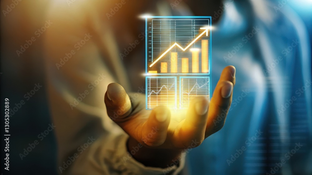 Poster close up of business hand holding glo with graphs and charts illustrating growth and data analysis i