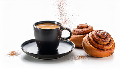 black cup hot espresso coffee and fresh baked cinnamon buns with crumbs and sugar pieces flying falling isolated on white