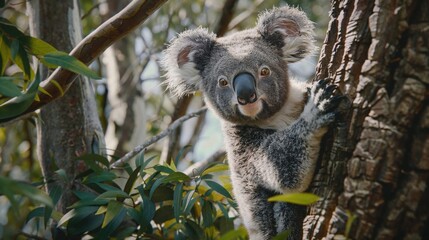 Fototapeta premium A cute koala bear clings to a tree branch, surrounded by green leaves, showcasing the adorable marsupial in its natural habitat amidst the lush Australian wilderness
