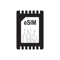 eSIM technology. Embedded sim icon isolated on white background. New mobile communication technology. 5g or 6g SIM-cards for mobile devices with chip. Monochrome design