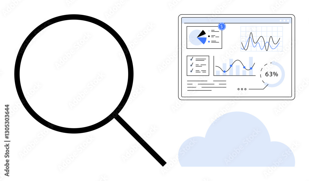 Poster magnifying glass examining analytics dashboard with charts, graphs, and cloud element. ideal for dat