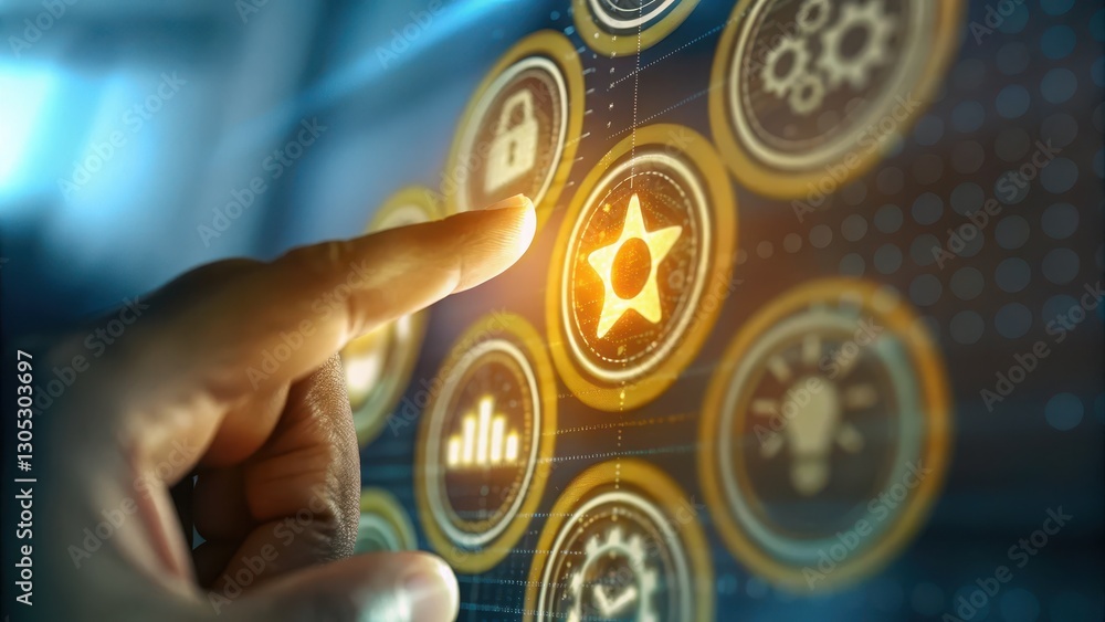 Poster close-up of steady hand holding digital interface with business icons and graphs in a modern technol