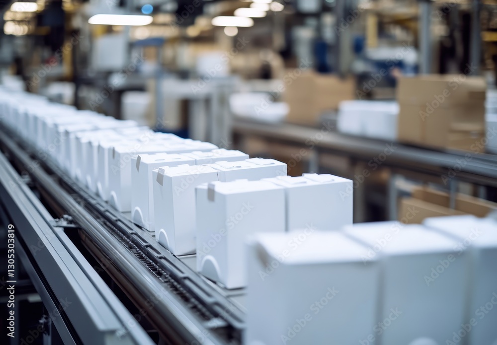 Poster efficient production line with white boxes moving on conveyor in modern warehouse, showcasing manufa
