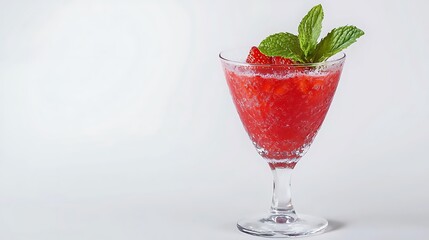 A glass of red liquid with a green leaf on top