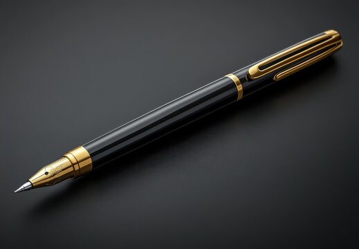 Elegant black fountain pen with gold accents isolated on dark background for writing, office supplies, and luxury stationery photography