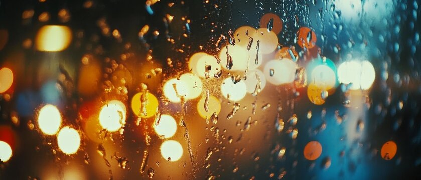 Vibrant bokeh lights shimmer through raindrops on glass, evoking a night of urban tranquility and blurred reality.