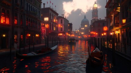 Futuristic gondolas navigating canals in alternate history venice. Generative ai illustrations