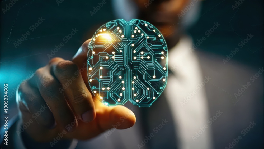 Poster businessman holding digital brain with circuit pattern in close up view for technology and innovatio