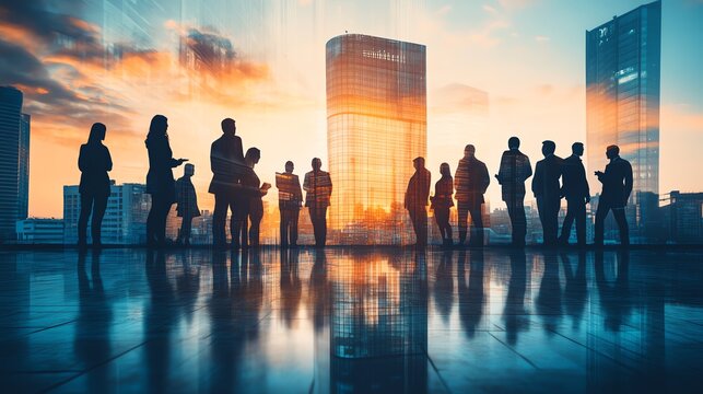 Double exposure image of many business people teamg group silhouette office background.
