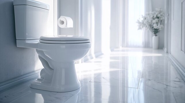A clean, modern bathroom with a pristine white toilet on a shiny marble floor, creating a minimalist and refreshing atmosphere with natural light filtering through large windows