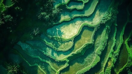 Aerial view of terraced rice fields with vibrant green hues digital
