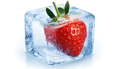 Frozen strawberry in an ice cube, on a white surface for dessert concepts