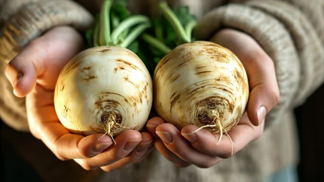 Hands holding two freshly harvested turnips with dirt on their surface, against a rustic background, evoking a natural and organic feel