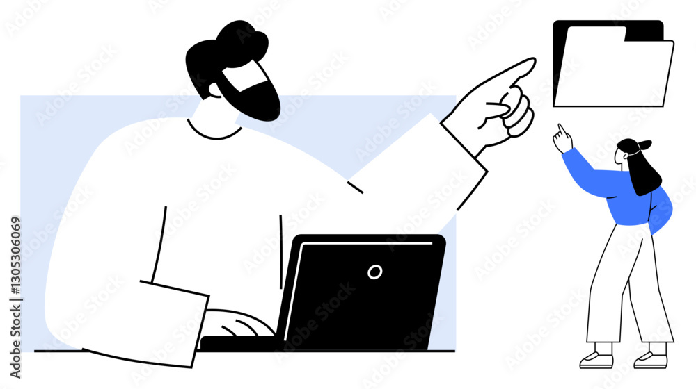 Poster colleague at laptop pointing to shared folder with teammate. ideal for teamwork, digital file manage