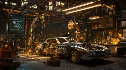 Naklejka premium Retro futuristic auto mechanic workshop repairing classic car. Generative ai illustrations