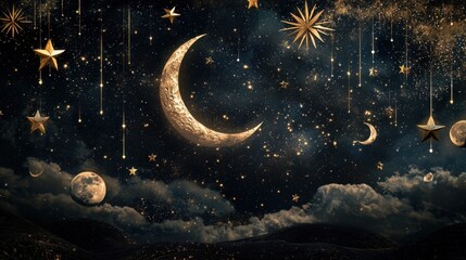 A night sky with a large crescent moon and many stars