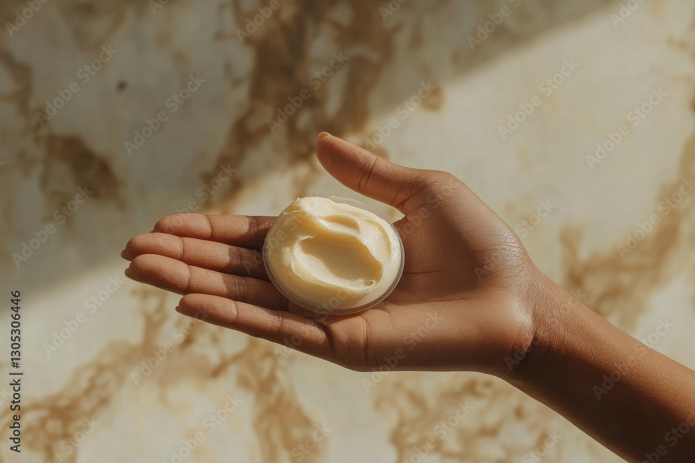 Poster hand holding a jar of cream against a textured backdrop in soft lighting