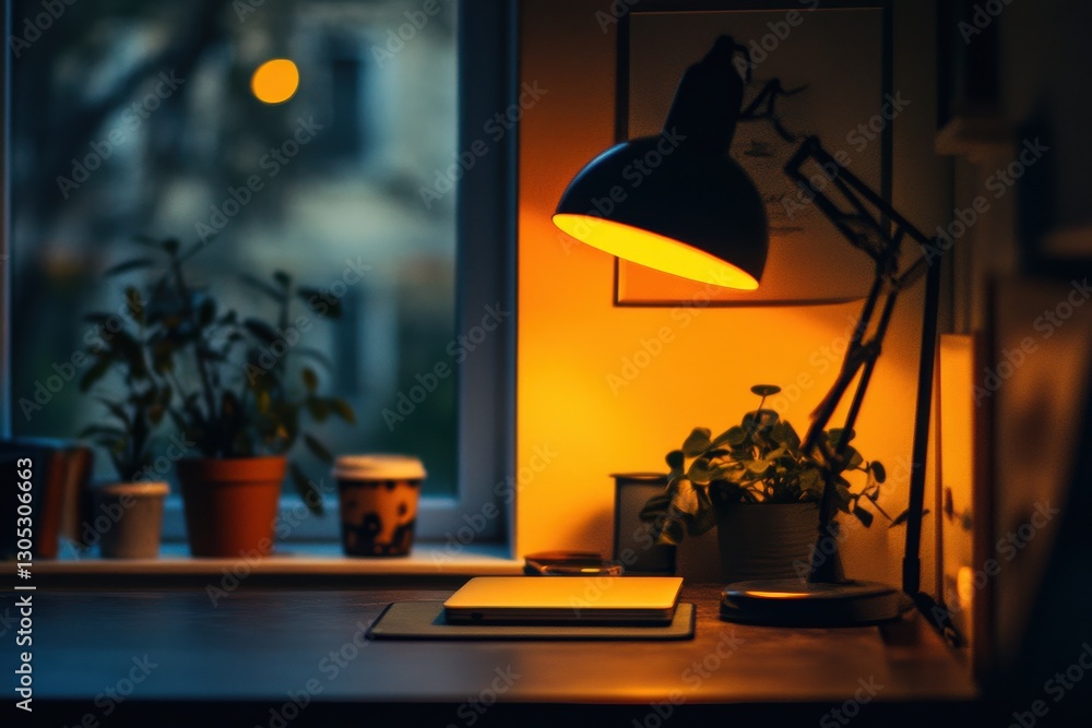 Poster Warm desk setup with plants and a lamp during evening hours creating a cozy atmosphere at home