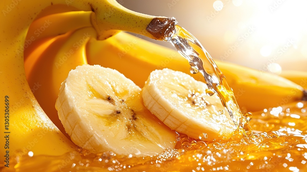 Poster a table with a cluster of bananas, an array of oranges, and a tall glass of orange juice resting nea