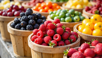 Freshly picked seasonal berries in rustic wooden containers, summer market