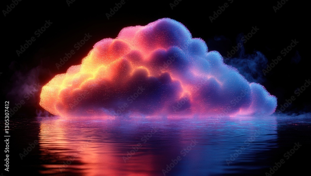 Poster ethereal neon cloud floating above calm water surface with vibrant colors and reflection in a dark b