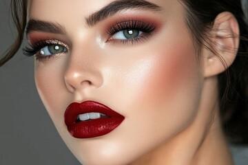 Naklejka premium Striking beauty look featuring bold red lips and glamorous eye makeup in a soft light