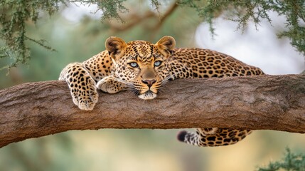 A leopard rests comfortably on a sturdy acacia branch, enjoying the serene atmosphere of the Serengeti prairie