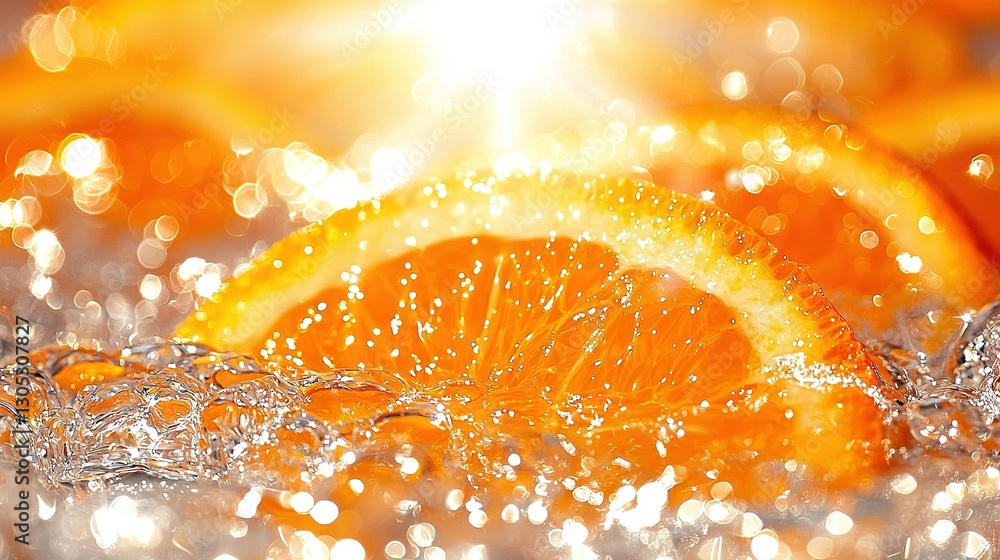 Poster an orange slice atop a table alongside another orange slice on the same table