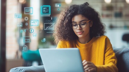 Student engaging in virtual learning with a laptop and floating digital icons for different learning tools