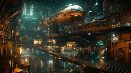 Futuristic airship hovering in rainy steampunk station. Generative ai illustrations