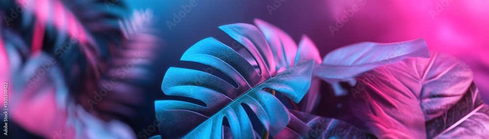 Poster lush jungle leaves create a striking backdrop illuminated by soft electric blue and magenta lights. 