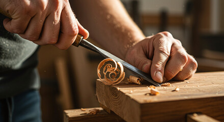 A craftsman carving wood with precision, symbolizing woodworking, craftsmanship, and handmade artistry.