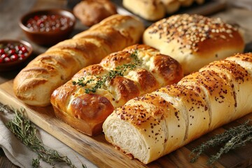 Assorted freshly baked breads displayed on wooden board with garnishes and accompaniments in cozy kitchen setting