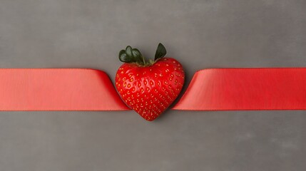 Heart strawberry sliced by red ribbon on gray backdrop, for love card design