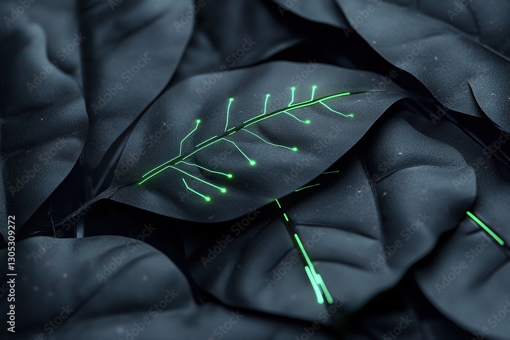 Poster a vibrant black botanical setting features shiny leaves intertwined with glowing neon green circuit 