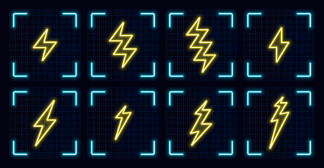Thunder symbol illustration set, cyber neon visual, glowing border grid vector.