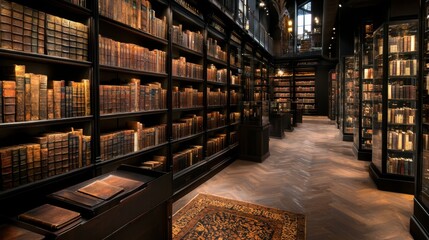 A large library with many bookshelves and a rug on the floor