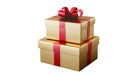 Obraz premium stack of two gold gift box with red ribbon isolated on white background