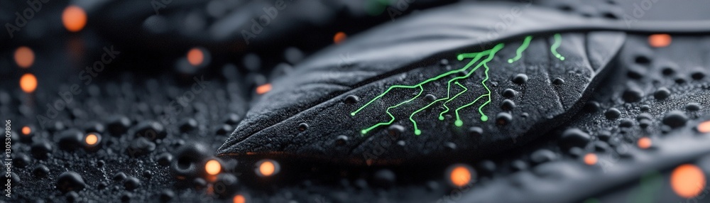 Poster botanical elements feature glossy black leaves with neon green circuit veins intertwined. the settin