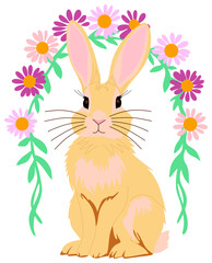Easter Bunny Illustration with Flowers and Eggs  sticker