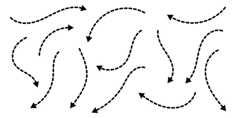 Dashed arrow set. Long dashed hand drawn squiggle, loopy line vector icon. Vector doodle dot line. Dotted hand drawn arrow. Doodle arrows of various shapes and directions.