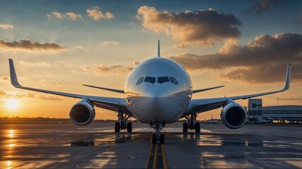 Fototapeta na wymiar A powerful shot of an airplane on a runway at sunset, its sleek body reflecting the colorful sky, emphasizing the scale and beauty of modern aviation against a dramatic backdrop