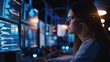 A woman looks at data displayed on multiple computer screens