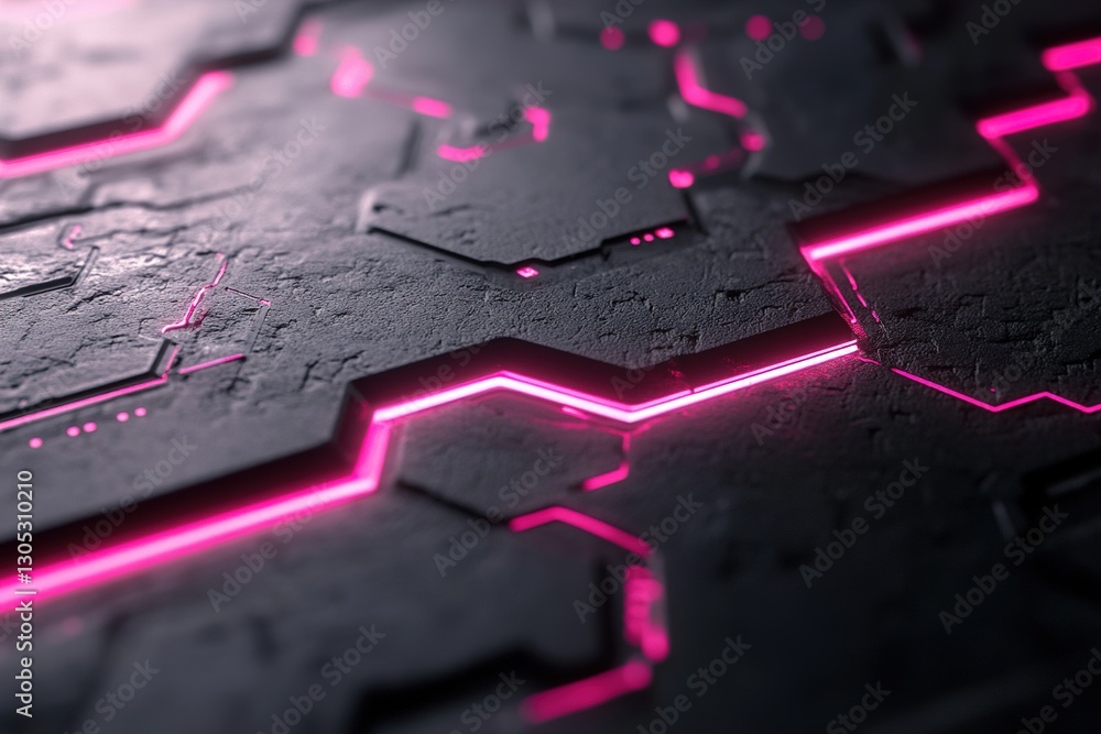 Poster this setting features a dark industrial surface with embedded glowing neon circuit lines that illumi