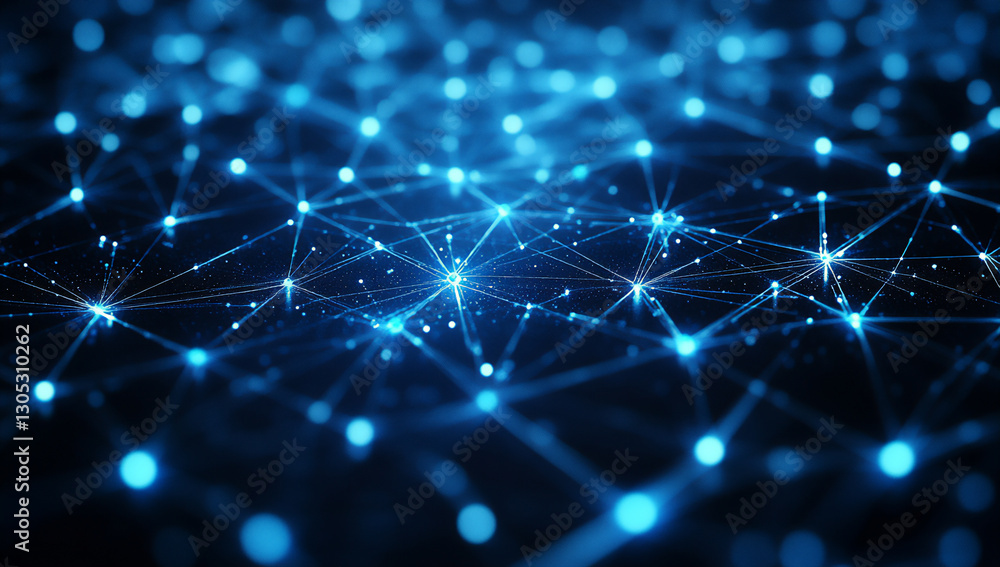 Poster abstract technology background with blue glowing dots and lines forming an