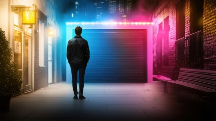 Fototapeta premium A lone figure stands in a colorful alleyway, illuminated by vibrant blue and pink lights against a backdrop of city buildings.