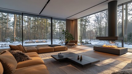 Fototapeta premium Modern living room with fireplace overlooking snowy forest at daytime