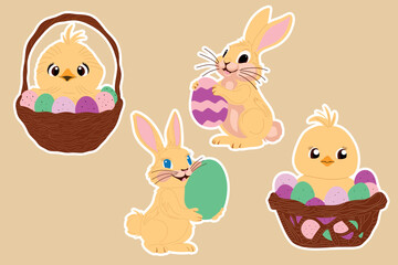 A collection of cartoon Easter illustrations featuring cute bunnies holding colorful eggs and chicks sitting in baskets filled with decorated eggs on a beige background.