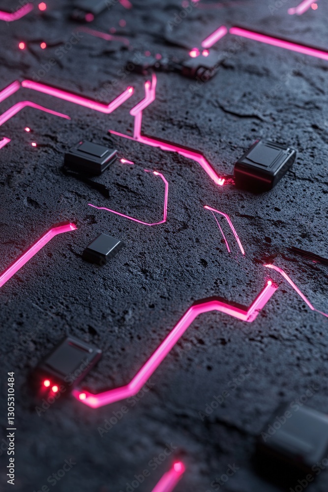 Poster in a dark industrial setting, a textured concrete surface is intricately embedded with glowing neon 
